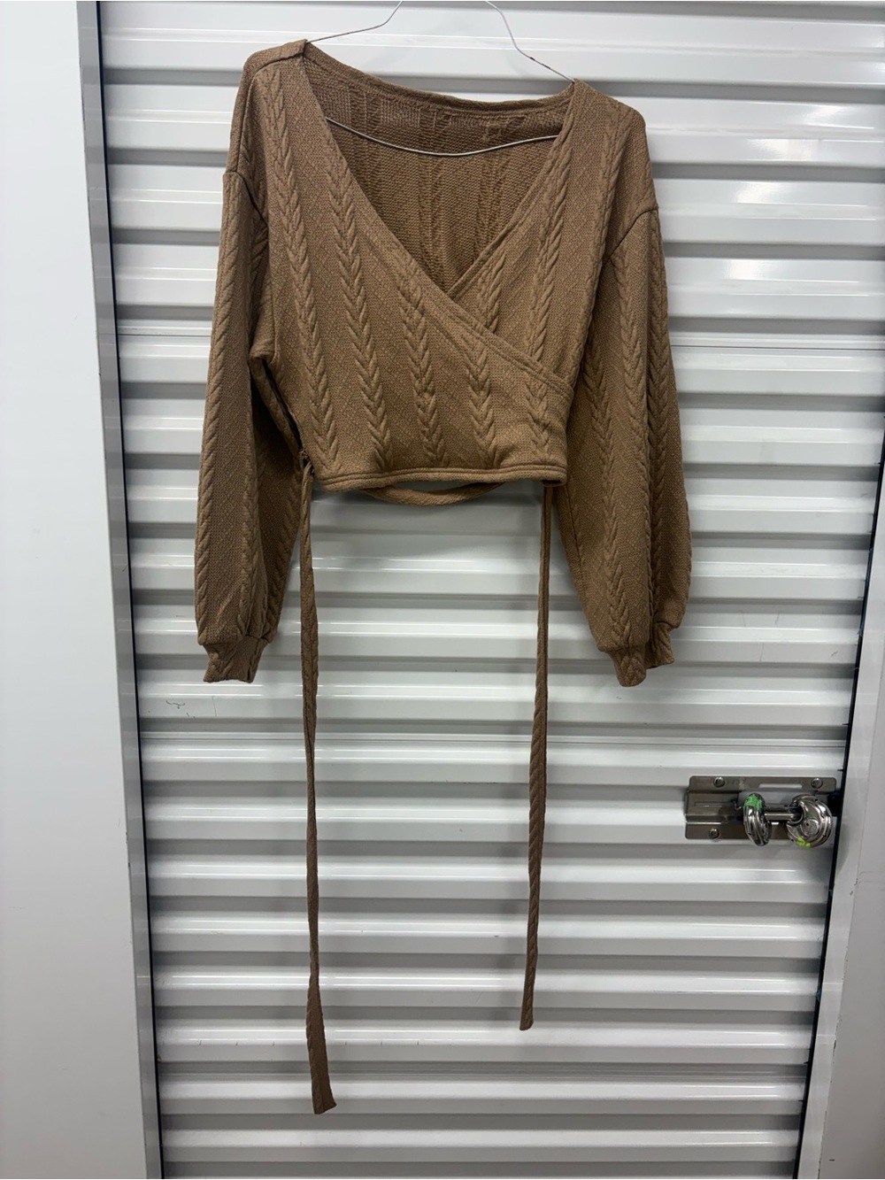 Beige Cable-Knit Wrap Sweater with Tie Waist Women V-Neck Long Sleeve L